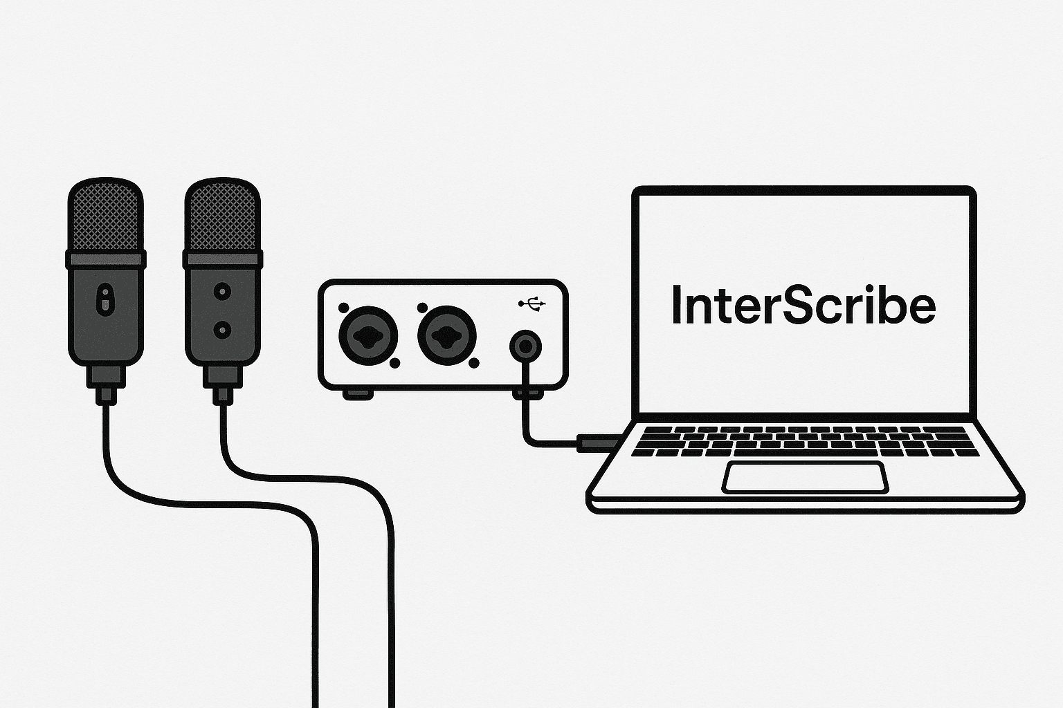 Diagram showing microphones connected to a USB audio interface, which connects via USB to a laptop running InterScribe