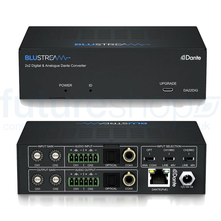 Diagram showing mini PCs connected to Dante/NDI network with separate AV channels feeding InterScribe
