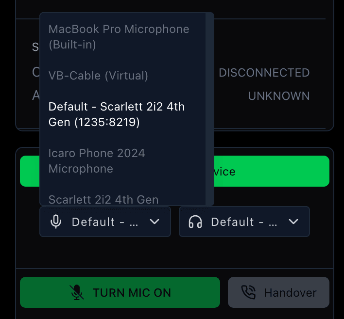 Streamer dashboard showing microphone selected and connect button